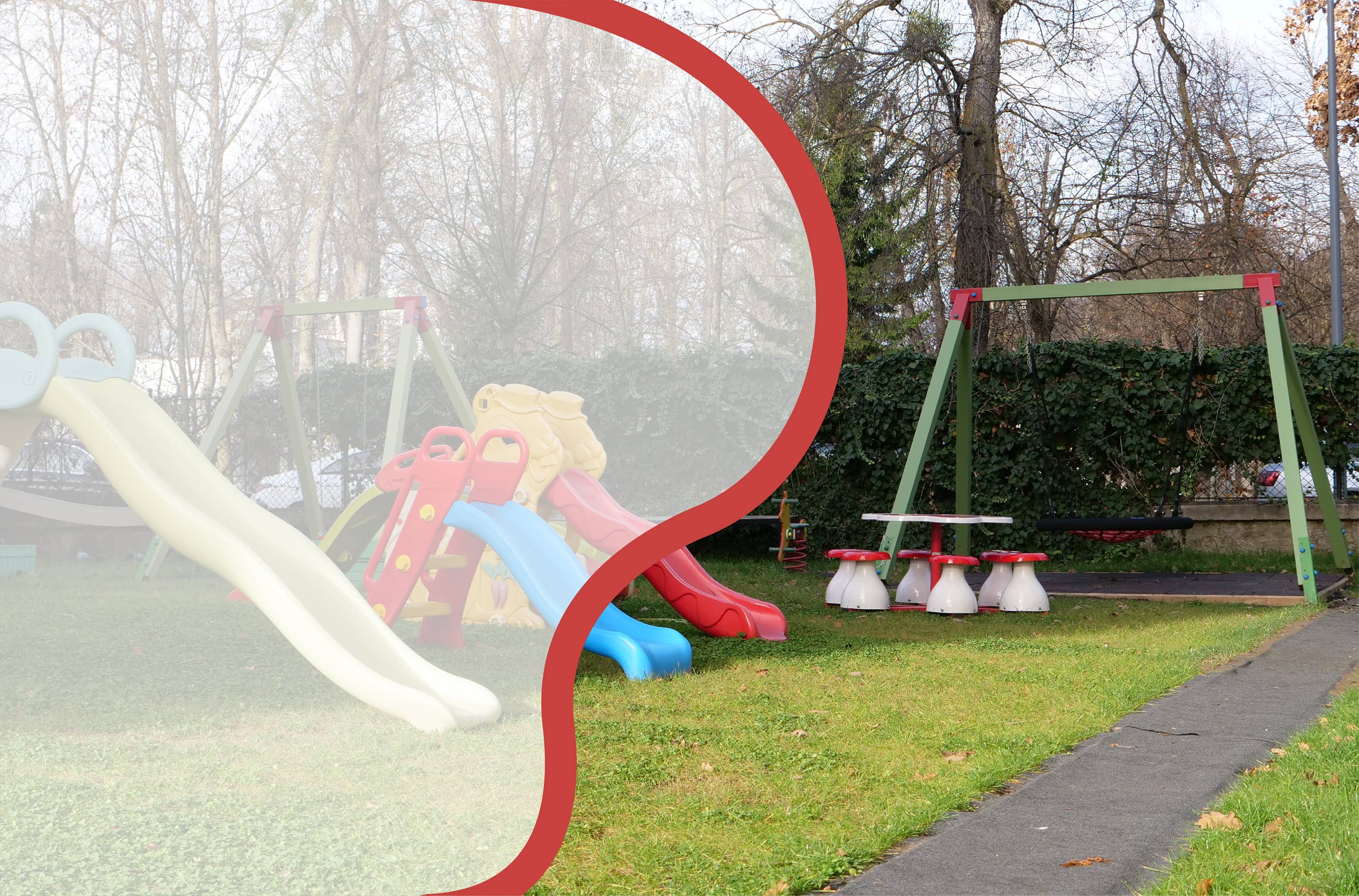 A Szent Imre Római Katolikus Bölcsőde játszótere, csúszdákkal, hintákkal, kis ülőkékkel