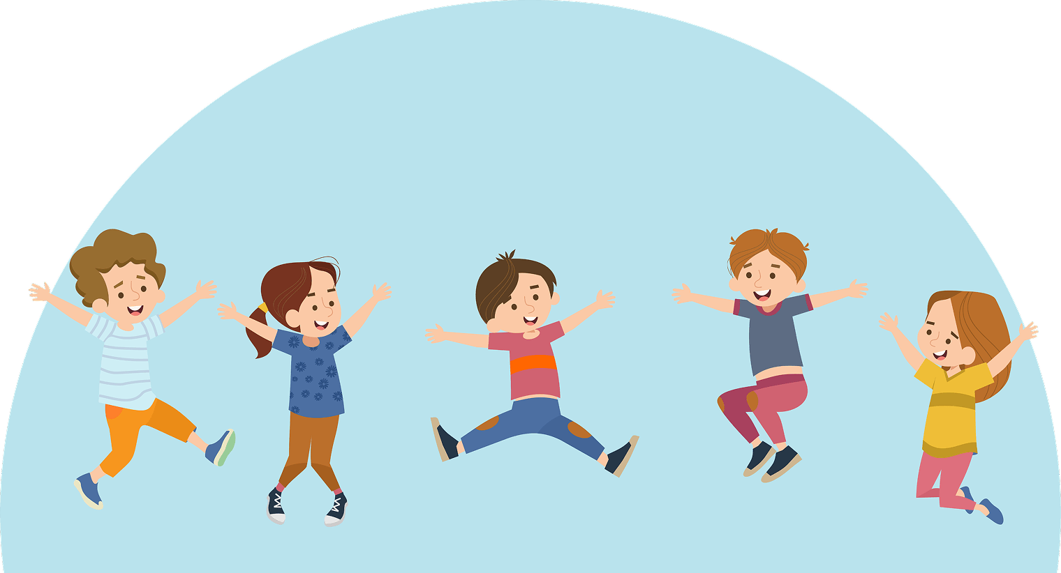 Illusztráció: öt mosolygó gyerek karját széttárva ugrál.
