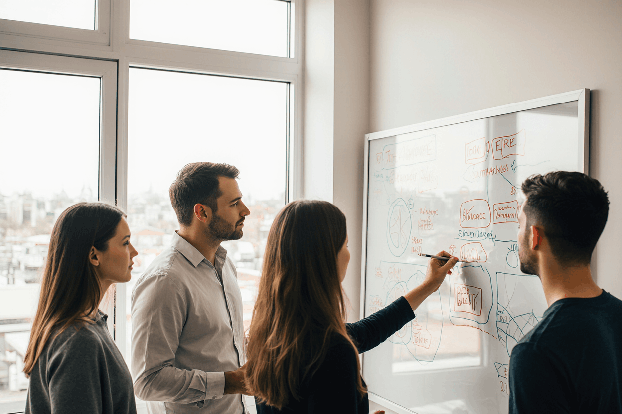 Réunion stratégique d’une agence web illustrant l’expertise et la réflexion derrière un projet digital.