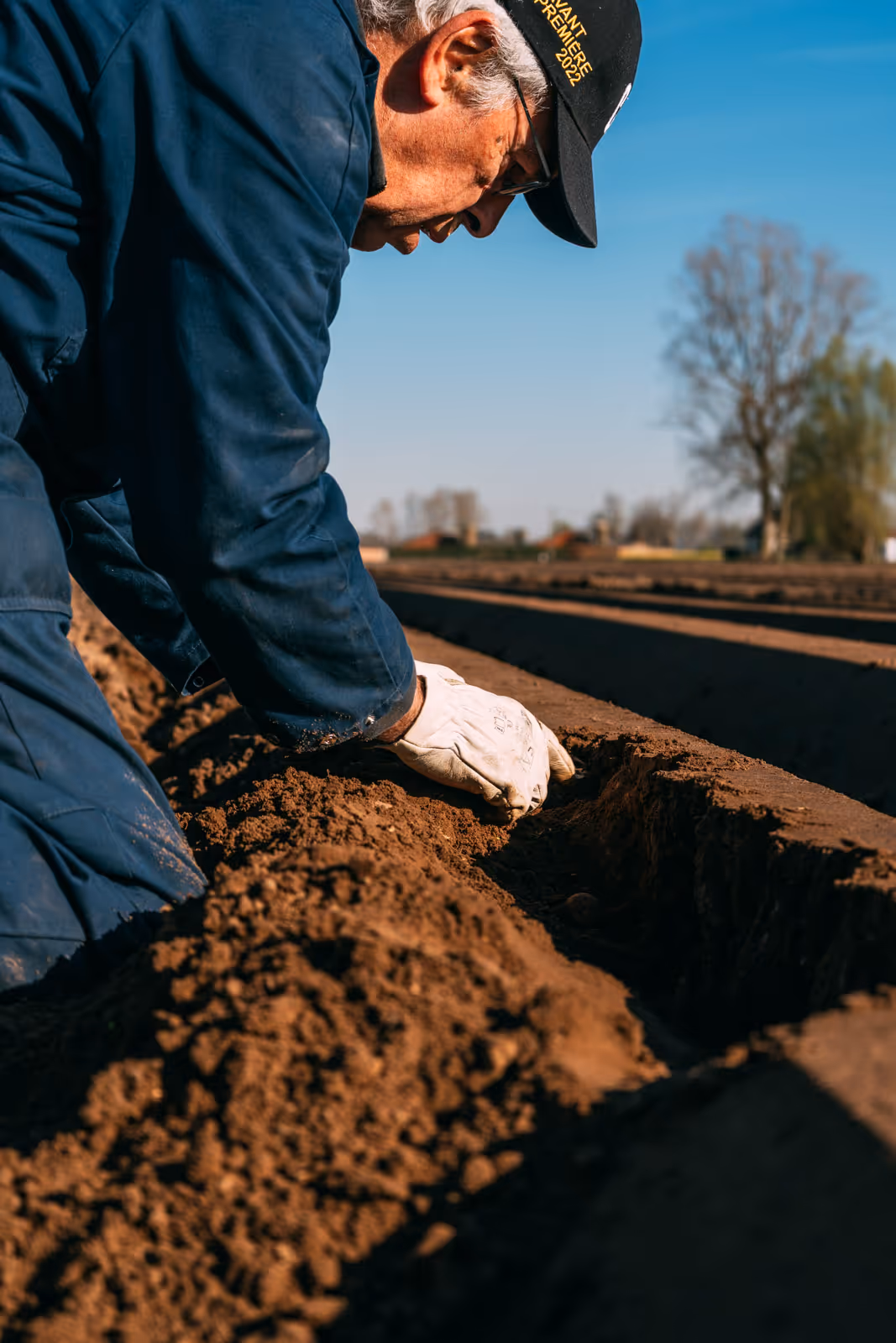 Man in werkoveralls en witte handschoenen plant iets in een geploegde akker bij zonlicht.