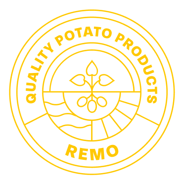 Geel logo met de tekst 'Quality Potato Products REMO' en een gestileerd aardappelplantje in een cirkel.