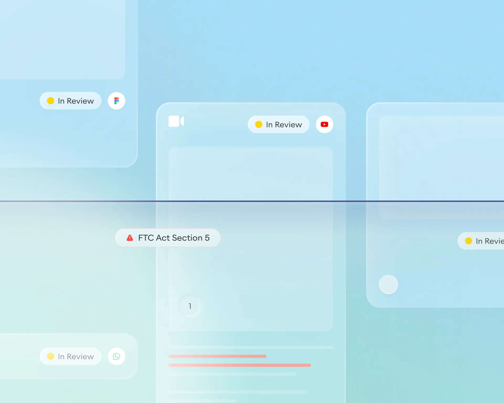 Adclear pre-publication compliance review interface with multi-channel content cards showing review status and regulatory flags