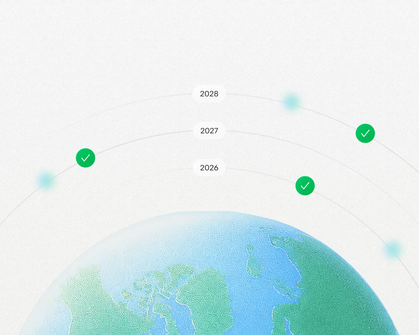 Horizon scanning illustration with a globe and year markers showing regulatory updates tracked across 2026 to 2028