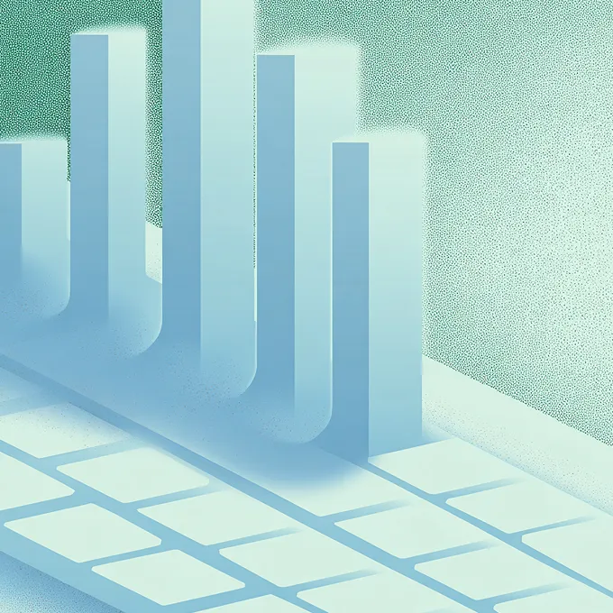 3D illustration of vertical bar charts rising from a keyboard representing compliance team productivity and data-driven review