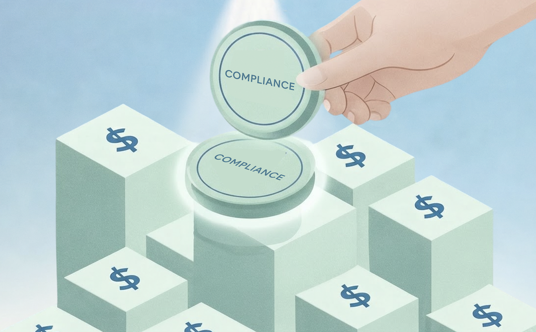 A blurry image of office workers with the title of this blog in bold on top - "AI in Compliance Review: Signal vs Hype"