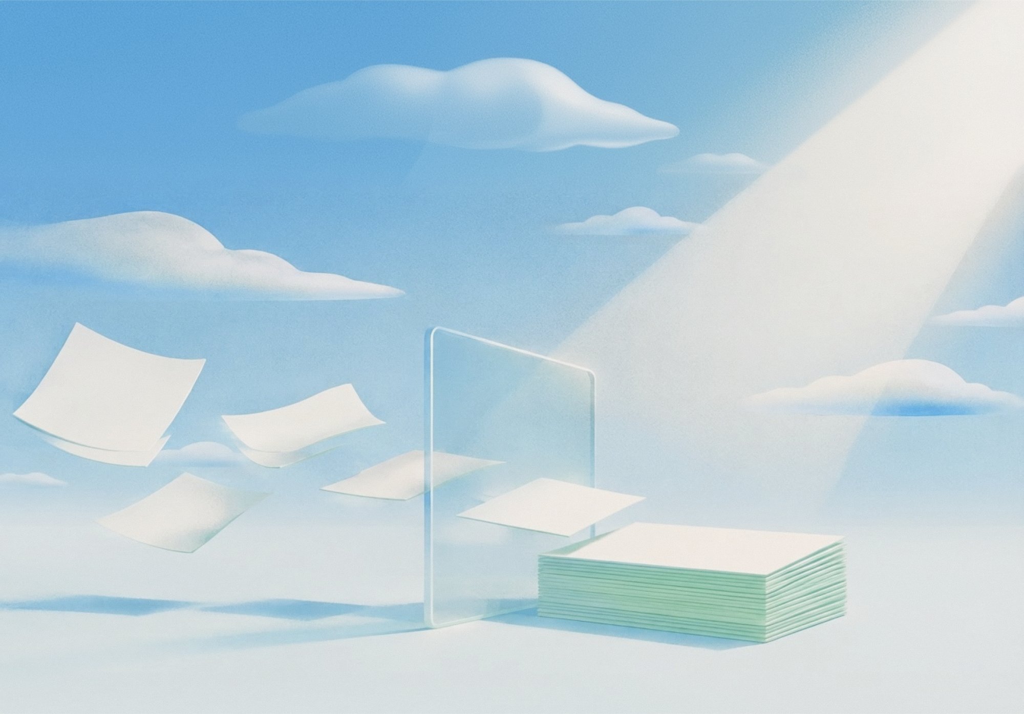 Loose documents drifting past a glass panel towards a neatly stacked pile, illustrating live financial promotions being checked after publication