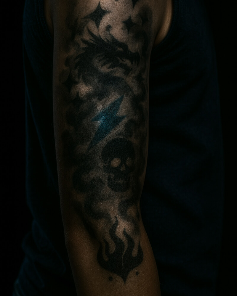 Foto van een Stoere Airbrush Tattoo met draak, doodskop, bliksem en vlammen.