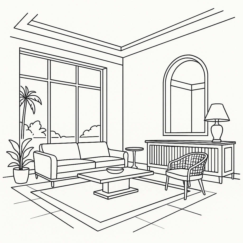 Salon moderne aménagé avec canapé fauteuil table basse et fenêtres vue dessin linéaire