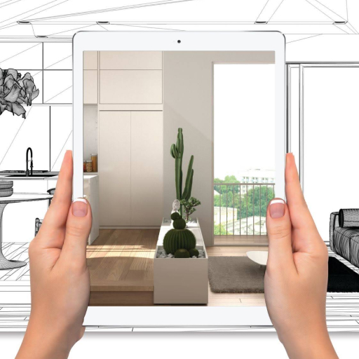 A person holding an iPad looking at a rendering of space.