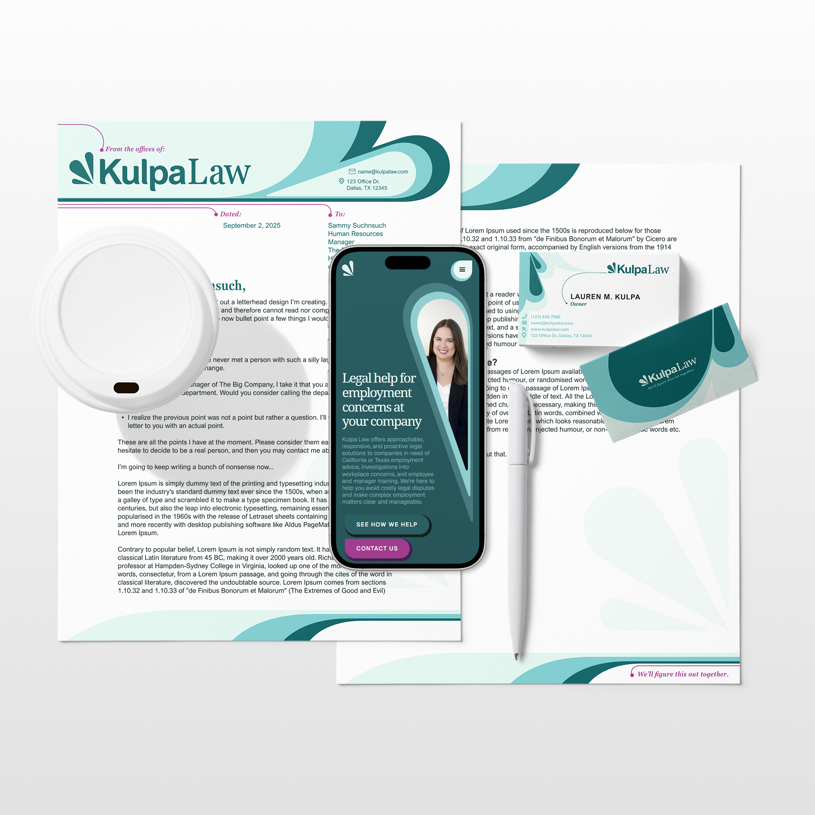 A collage of Brand Assets designed by LACE Design for Kulpa Law