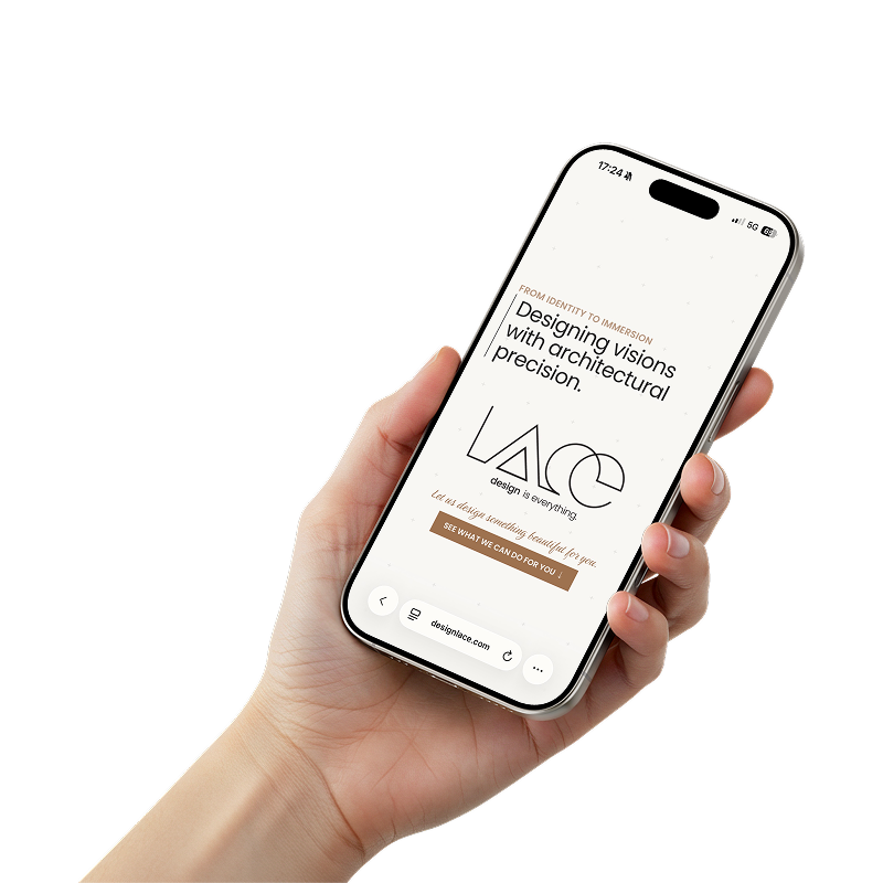 A hand holding a phone looking at the LACE website