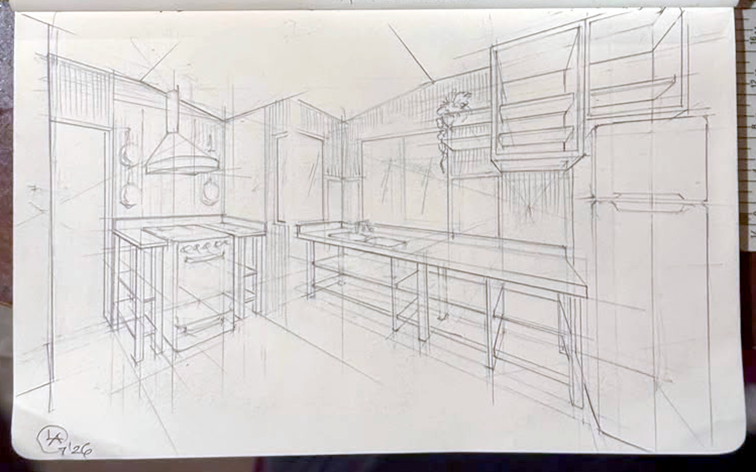 Perspective drawing of a kitchen design remodel