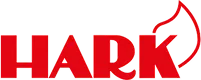 Rotes Hark Logo mit stilisierter Flamme über dem Buchstaben K
