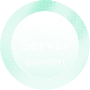 Rundes Gütesiegel in Türkis mit Aufschrift Deutsche Server garantiert
