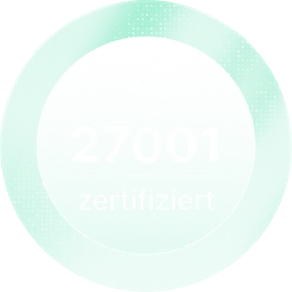 Rundes ISO 27001 Zertifikat in Türkis mit Beschriftung zertifiziert
