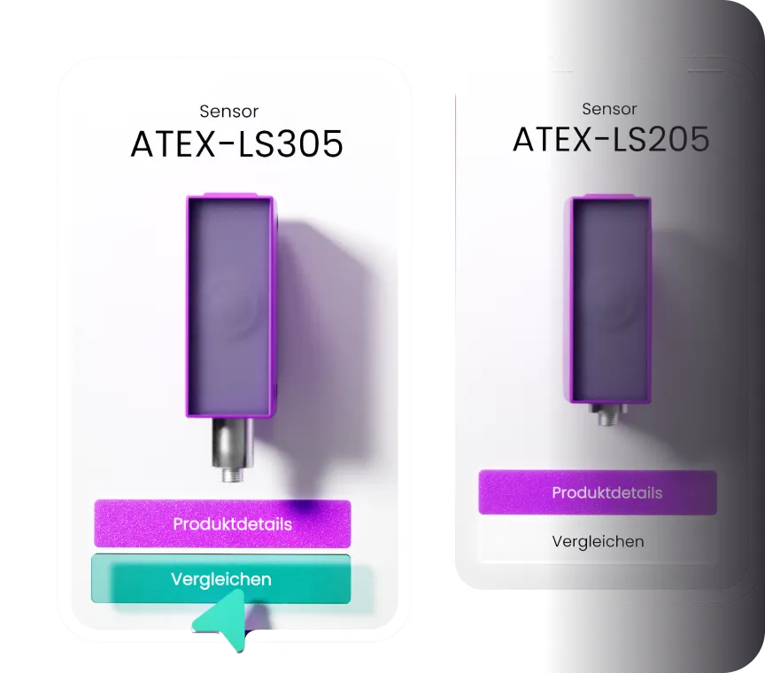 Zwei violette Sensoren ATEX-LS305 und ATEX-LS205 nebeneinander mit Produktdetails und Vergleichsbuttons