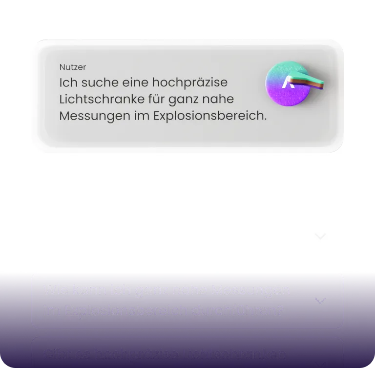 Chatnachricht eines Nutzers mit Anfrage nach hochpräziser Lichtschranke für Messungen im explosionsgefährdeten Bereich