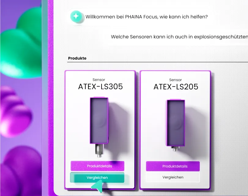 Phaina Focus Oberfläche vergleicht smarte Industriesensoren für explosionsgeschützte Bereiche.