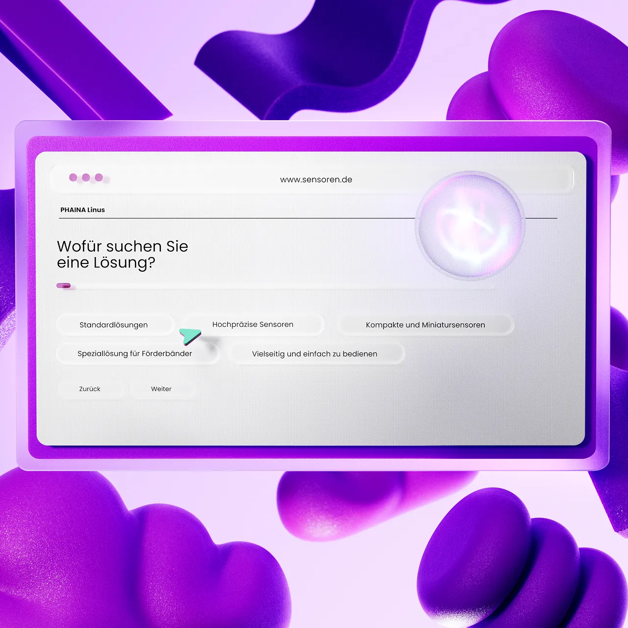 Phaina Linus Interface zeigt smarte Produktempfehlungen für industrielle Sensorlösungen.