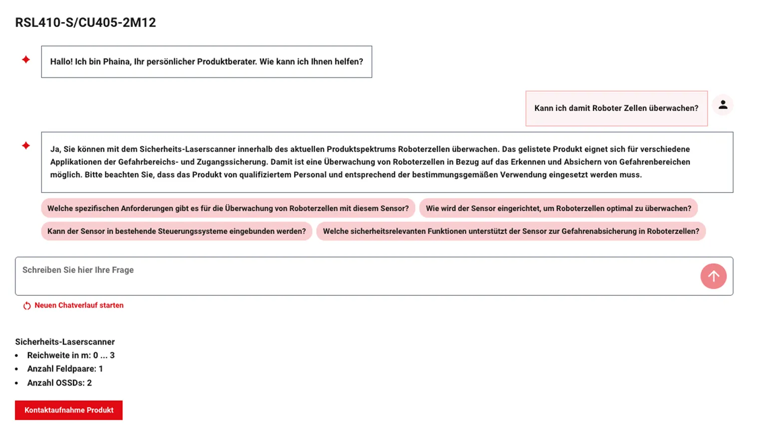 Chatbot-Oberfläche mit KI-gestützter Produktberatung von Phaina für Robotersicherheit.
