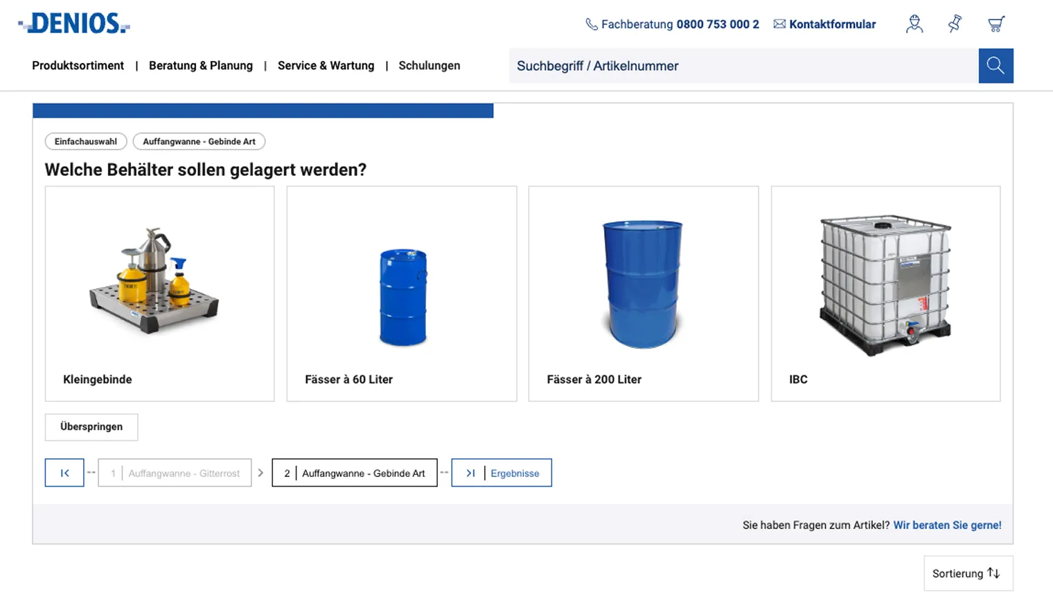 Interaktive Produktauswahl für Gefahrstofflagerung, optimiert durch Phaina-UX-Beratung.