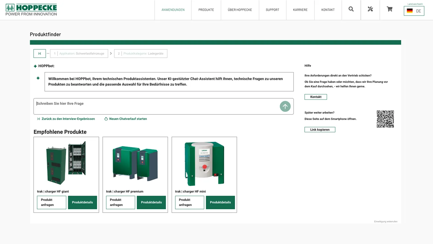 Digitale Produktfinder-Oberfläche mit KI-Assistenz für Industrieprodukte, entwickelt von Phaina.