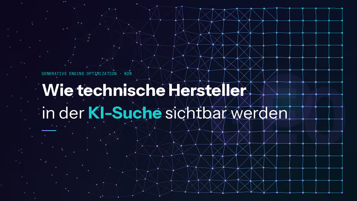 Leuchtendes Netzwerk aus verbundenen Datenpunkten auf dunklem Hintergrund, symbolisiert KI-Suche und digitale Vernetzung