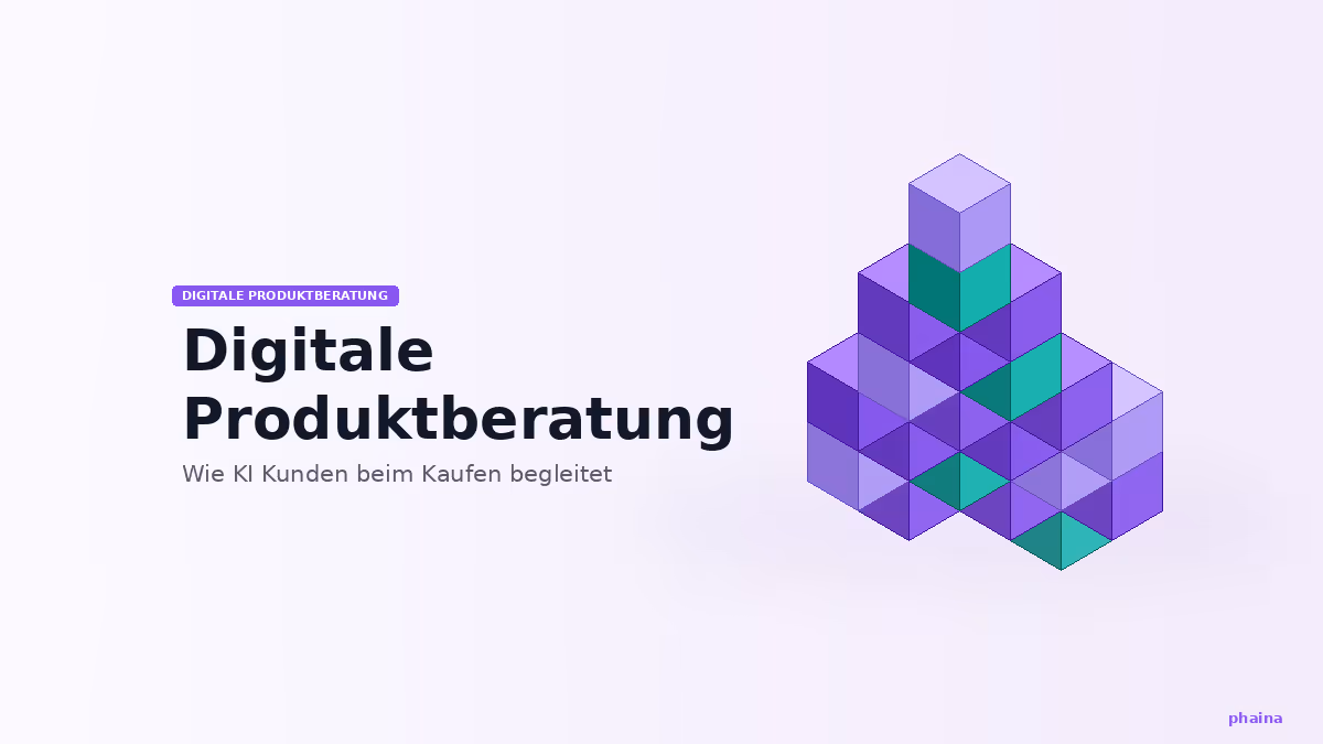 Isometrische 3D-Würfel in Violett und Türkis symbolisieren strukturierte Datenarchitektur für KI-gestützte Produktberatung