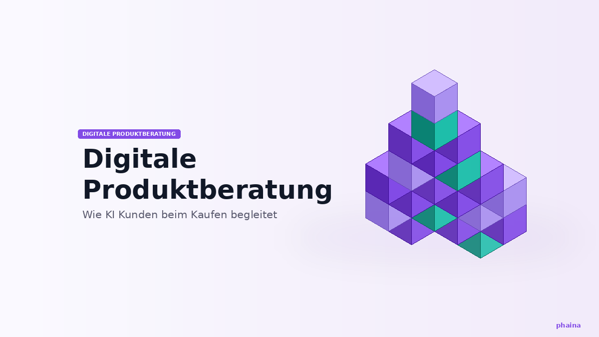 Isometrische 3D-Würfel in Violett und Türkis symbolisieren strukturierte Datenarchitektur für KI-gestützte Produktberatung