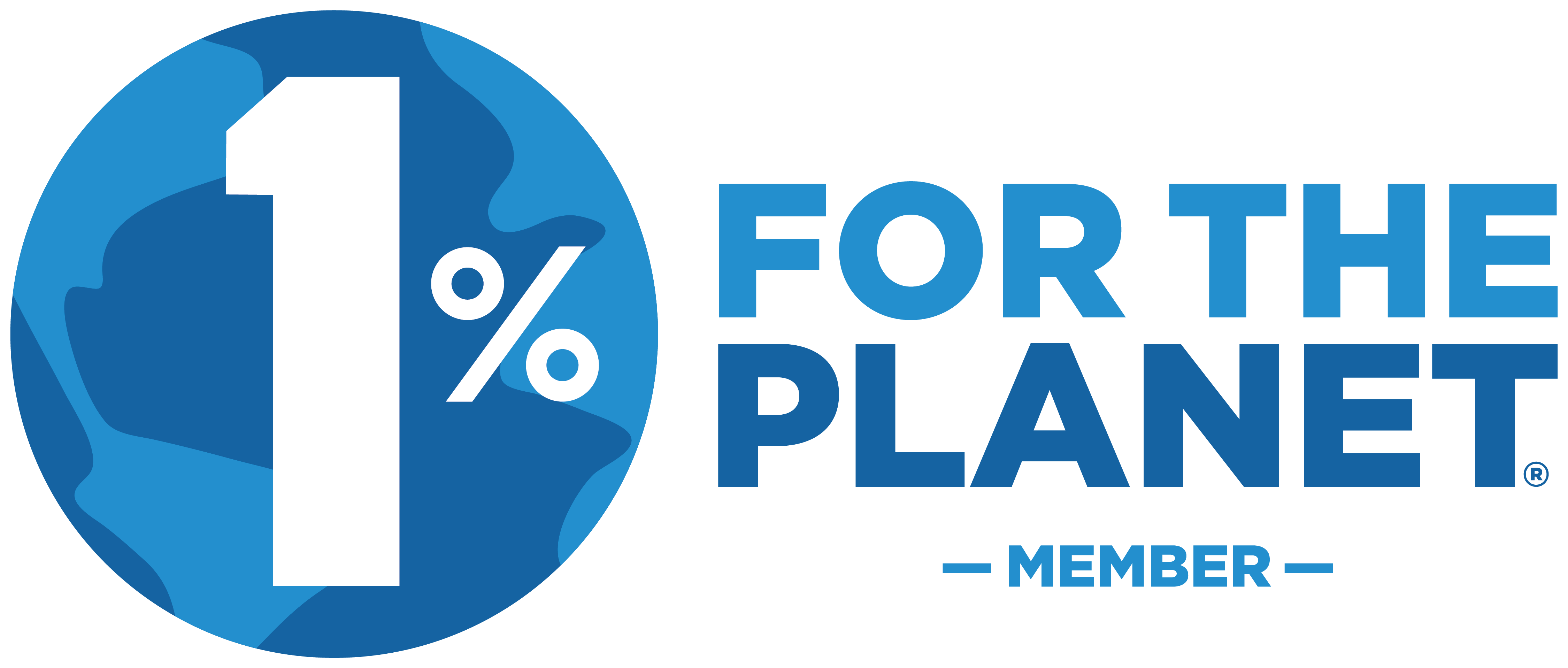 Logo with a stylized Earth and large white '1%' text, next to blue text reading 'FOR THE PLANET MEMBER'.
