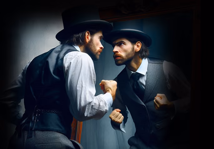 A well dressed man squares up to his own reflection