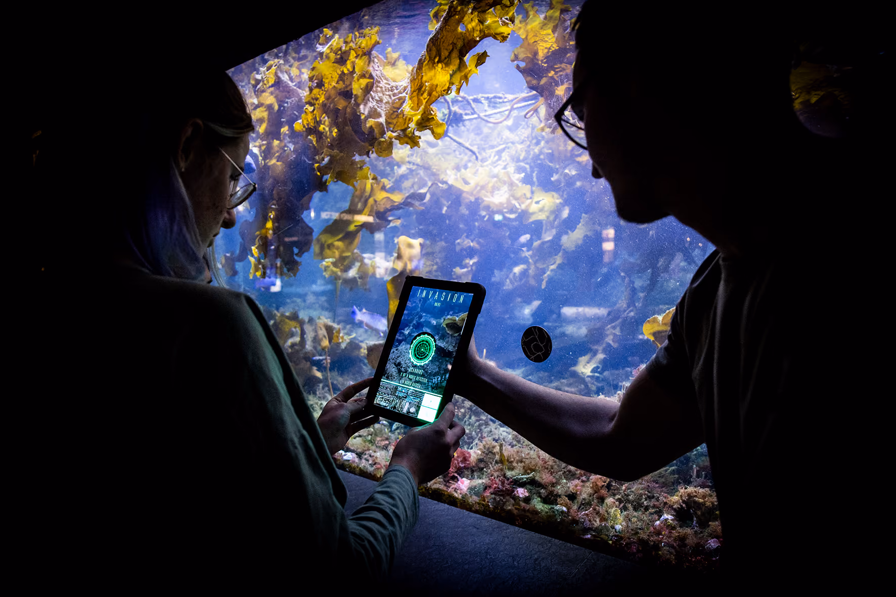 Two people look at an intriguing message on a tablet