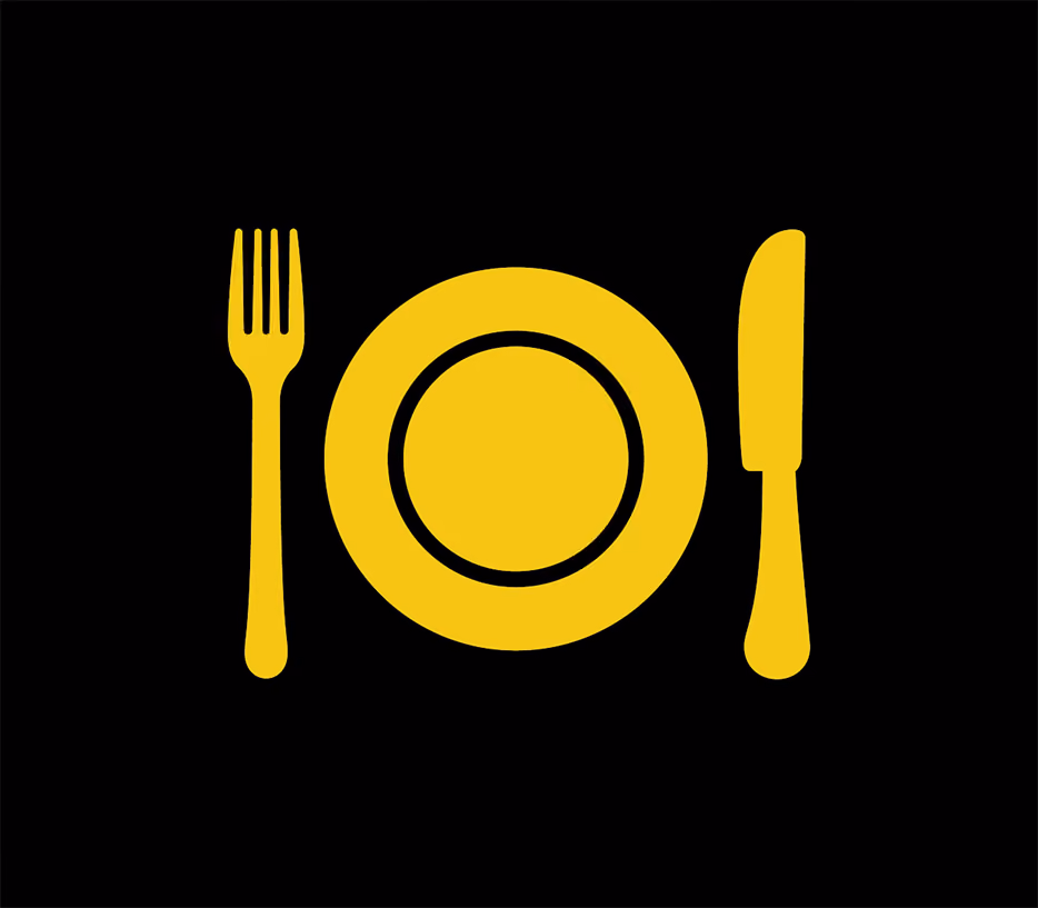A yellow silhouette of a plate, knife and fork