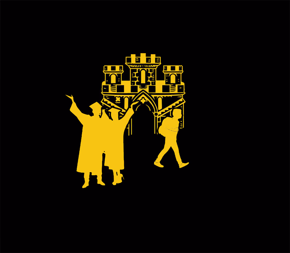 A yellow silhouette of students, a castle and a school boy
