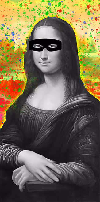 Mona Lisa in a pop art style wearing a bandit mask