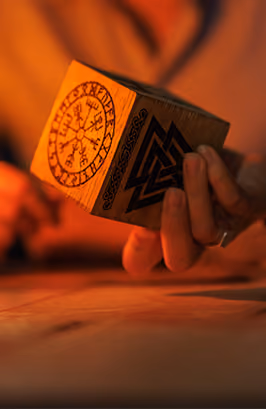 A man studies a strange rune covered cube lit by a lantern