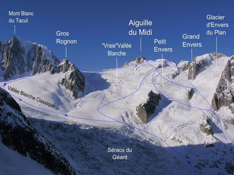 Toutes les descentes de la Vallée Blanche avec un guide, en ski, Snowboard ou Telemark