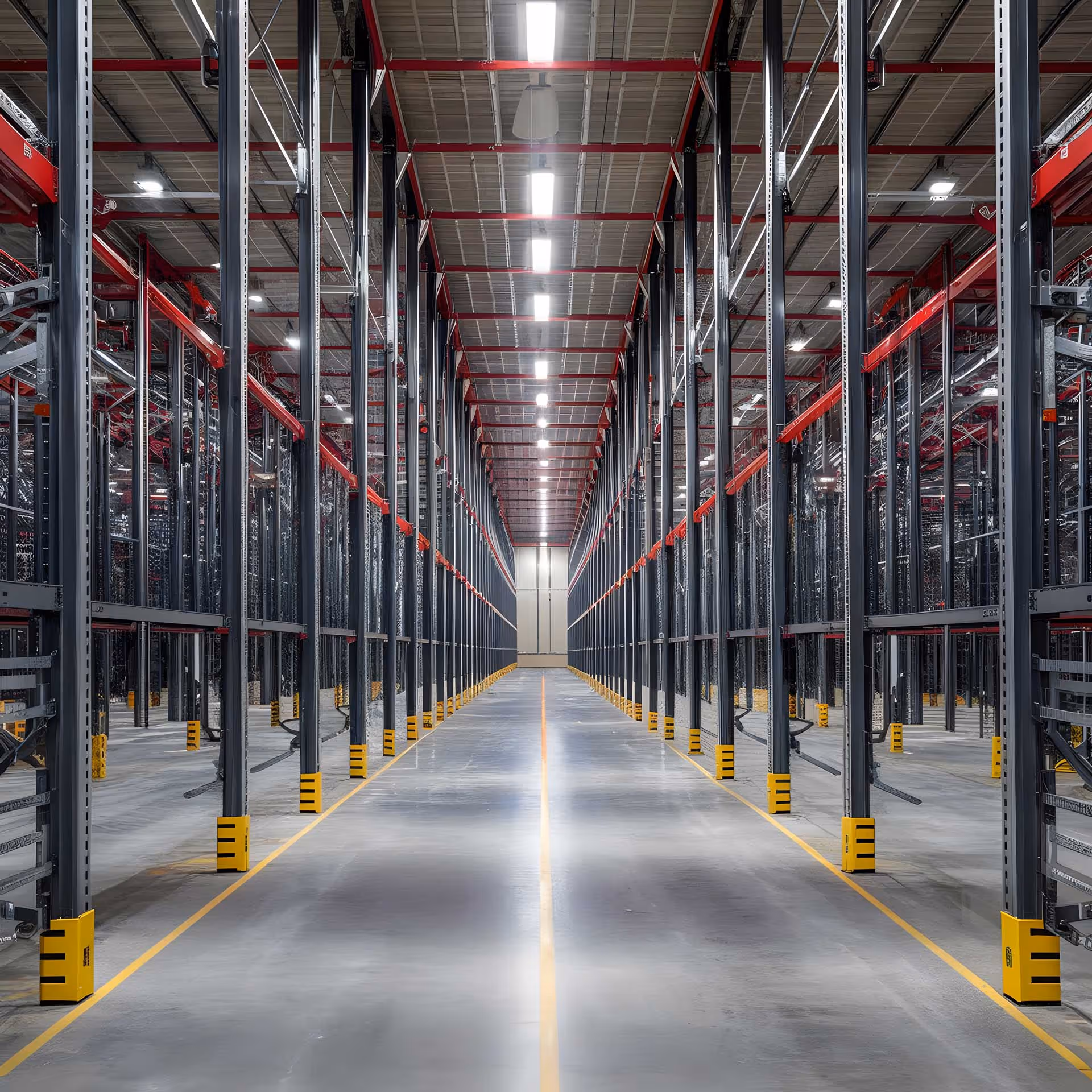 Large empty warehouse interior with rows of tall metal shelving racks and bright overhead lighting.