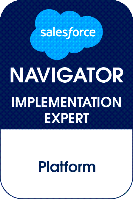 Salesforce Navigator Implementation Expert Platform kitűző világos kék felhő logóval.