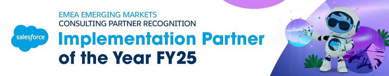 Salesforce EMEA Emerging Markets Consulting Partner Recognition banner with a robot holding a glowing orb.