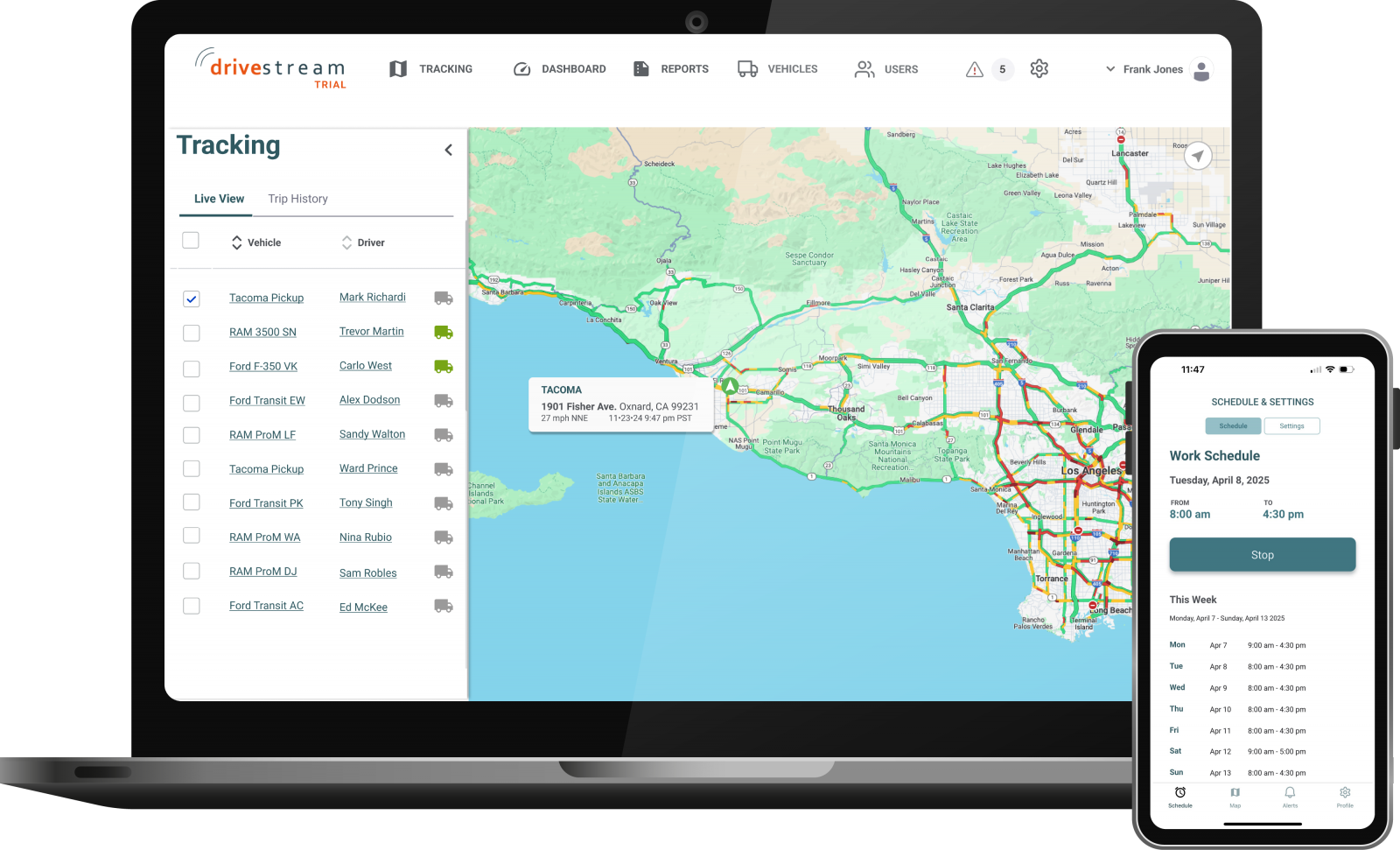 Image of Drivestream's fleet manager app and mobile app