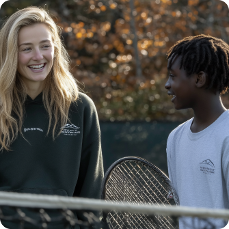 Two young people smiling and talking on a tennis court, one holding a tennis racket.