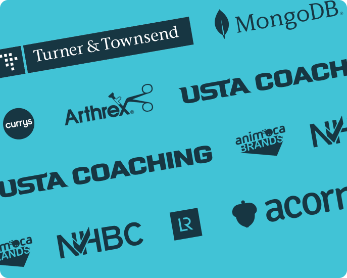 Collage of company logos on a blue background including Turner & Townsend, MongoDB, Arthrex, USTA Coach, USTA Coaching, Animoca Brands, NHBC, LR, Currys, and Acorn.