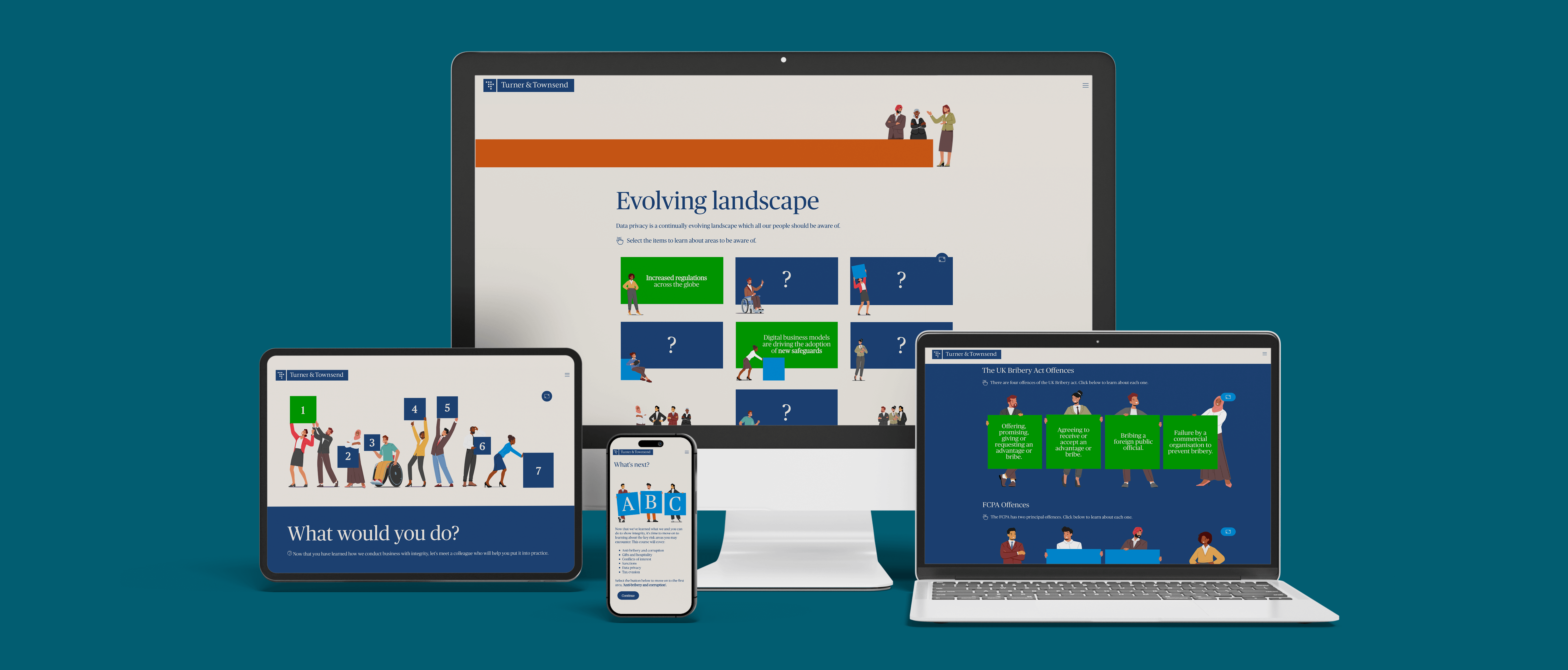Desktop, laptop, tablet, and smartphone displaying interactive informational screens with illustrations of people and text about data privacy, UK Bribery Act Offences, and ethical dilemmas.