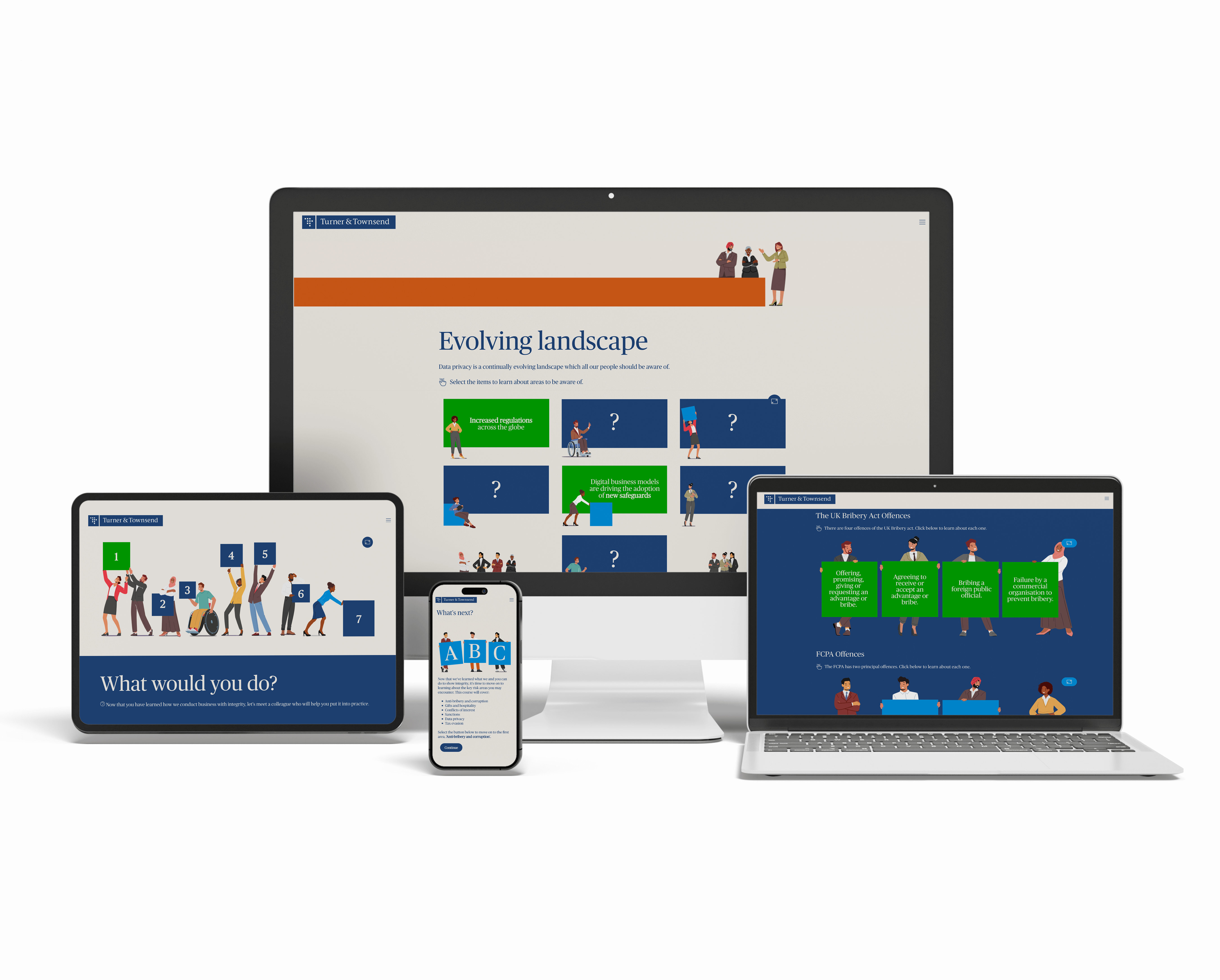 Four electronic devices displaying interactive educational content from Turner & Townsend about data privacy, bribery act offences, and ethical decision making with illustrated people and text on screens.