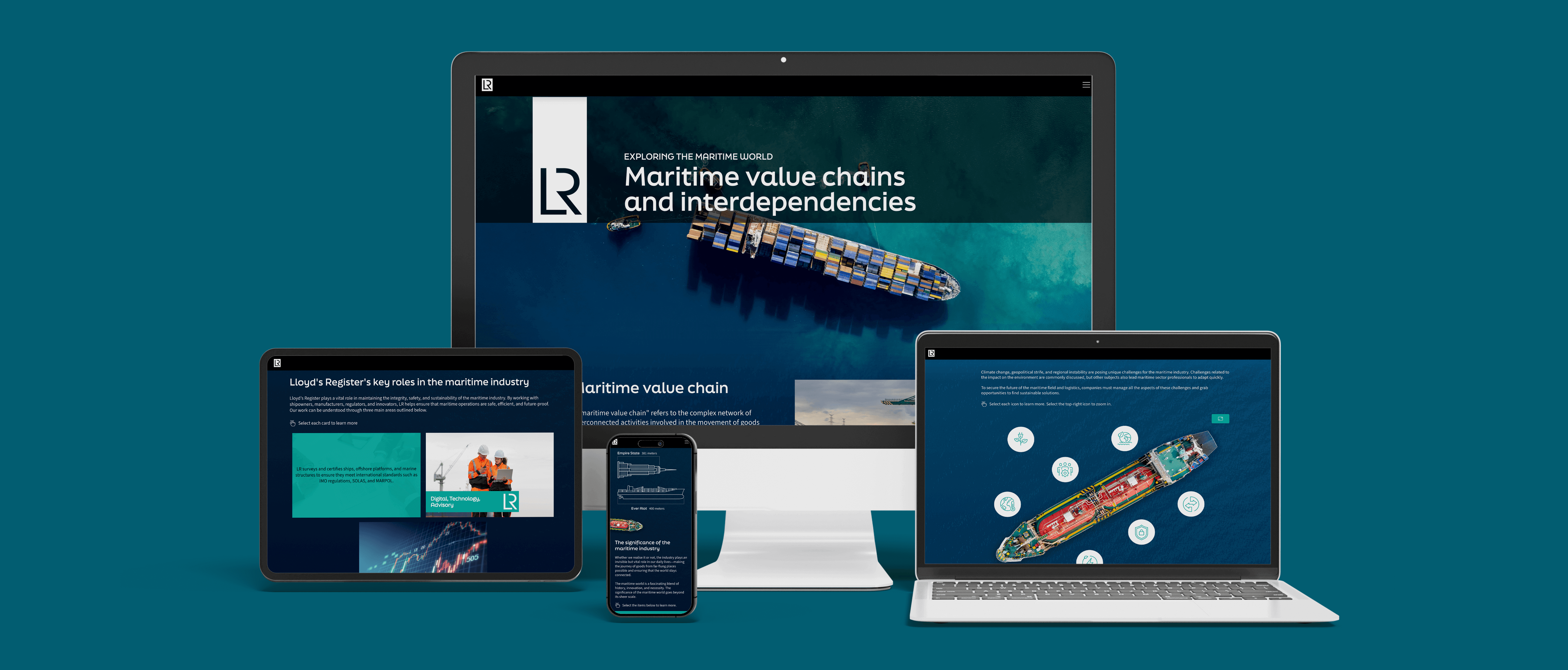 Desktop, tablet, smartphone, and laptop displaying maritime industry content with images of cargo ships and data visuals on a teal background.