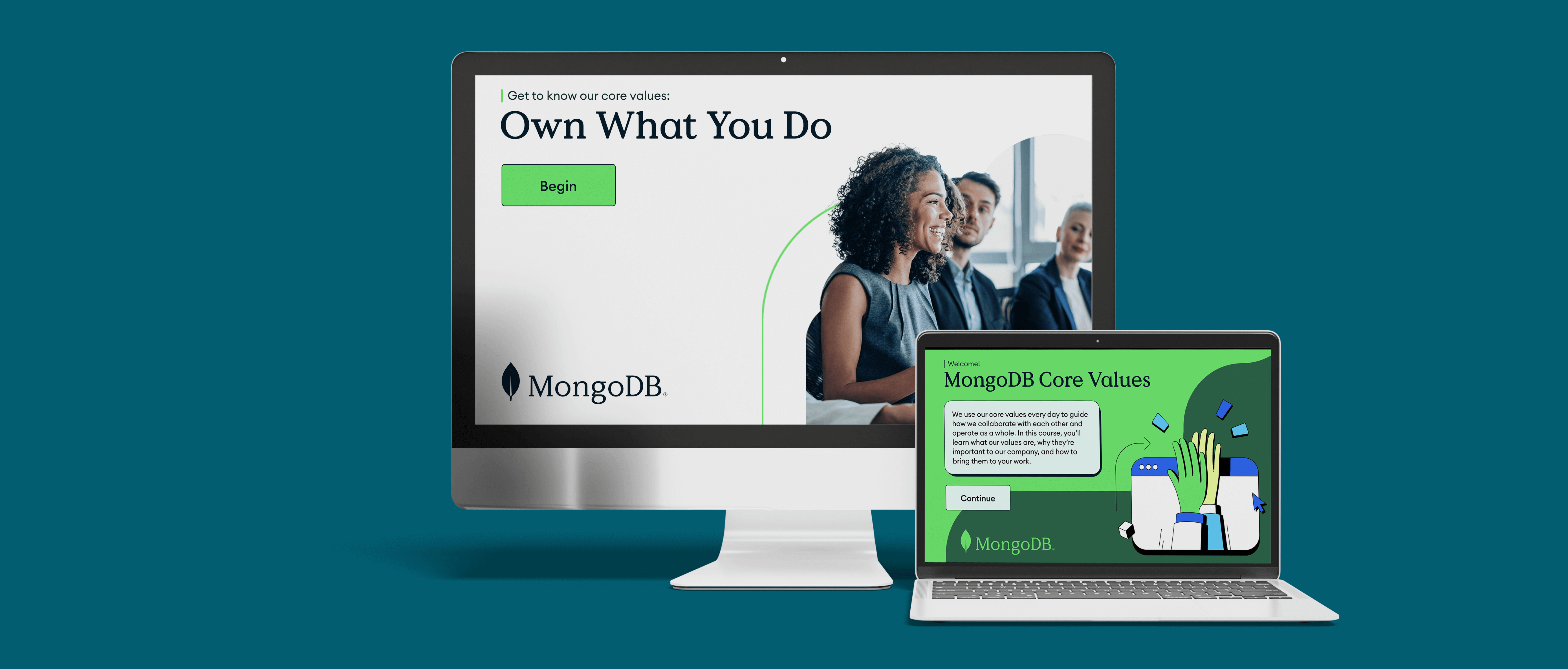 Desktop and laptop screens displaying MongoDB core values content with smiling people and illustrated hands high-fiving.