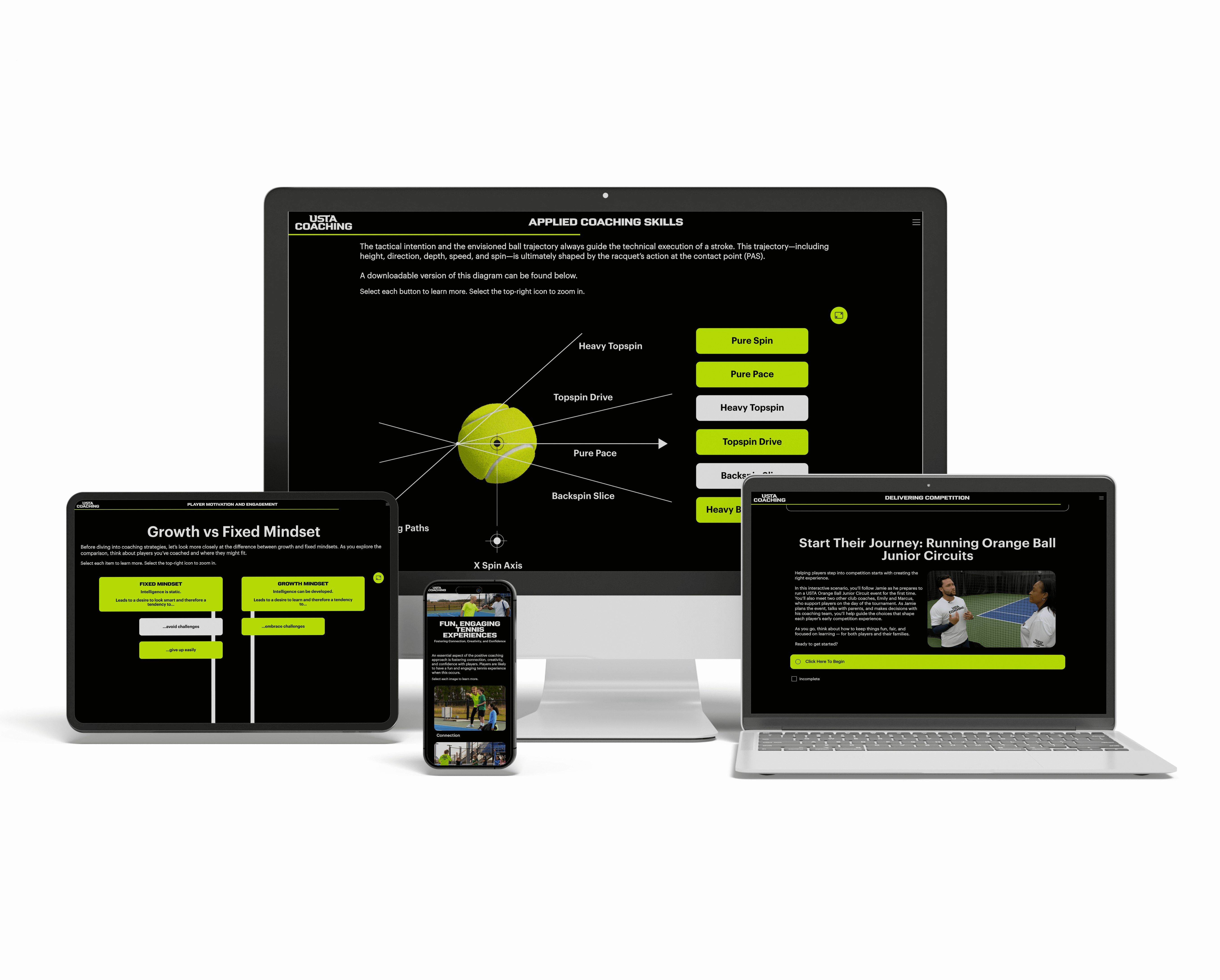 Four devices displaying USTA coaching content on tennis strategy, mindset, junior circuits, and engaging experiences.