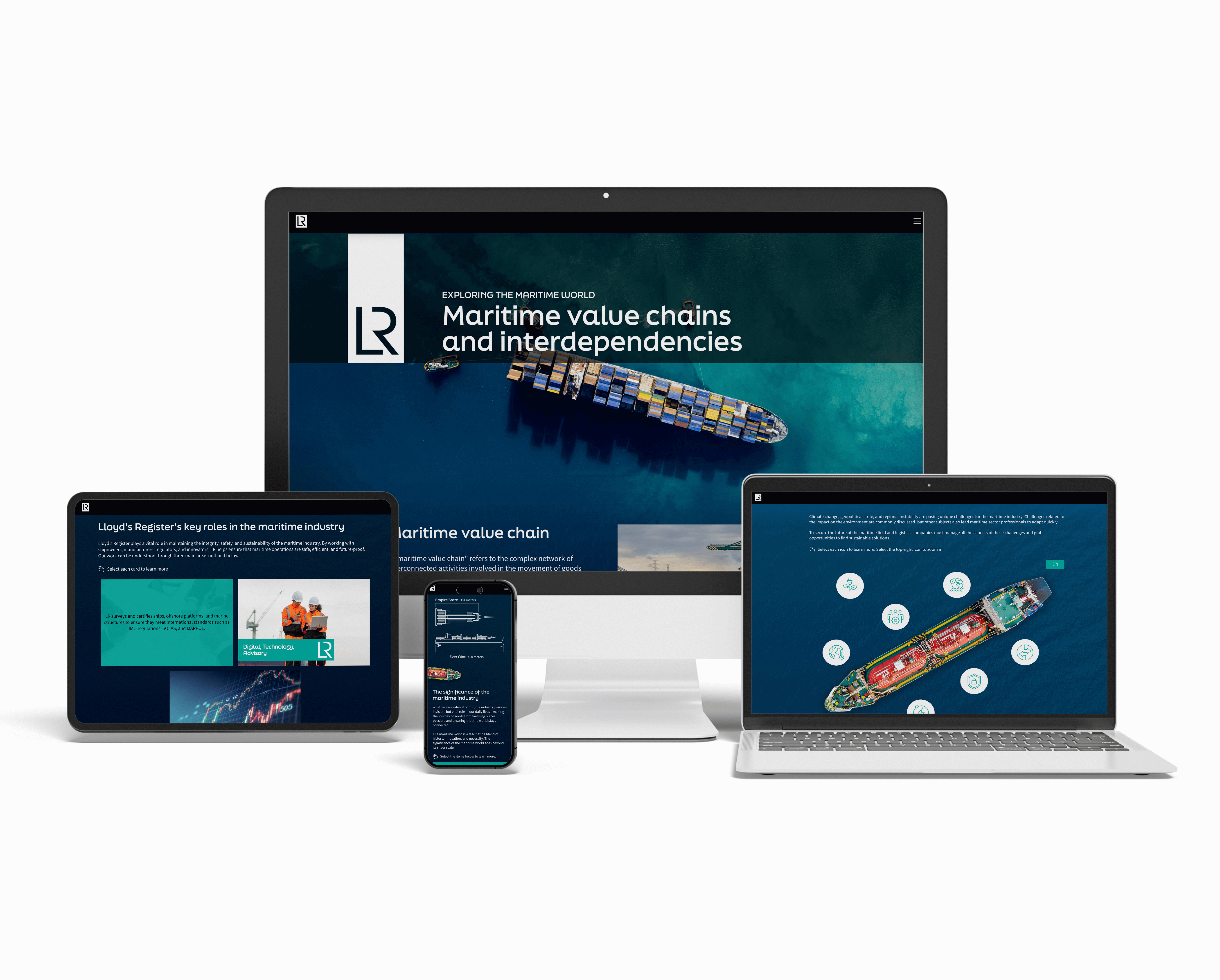 A desktop, laptop, tablet, and smartphone displaying maritime industry content featuring ships, value chains, and industry roles.