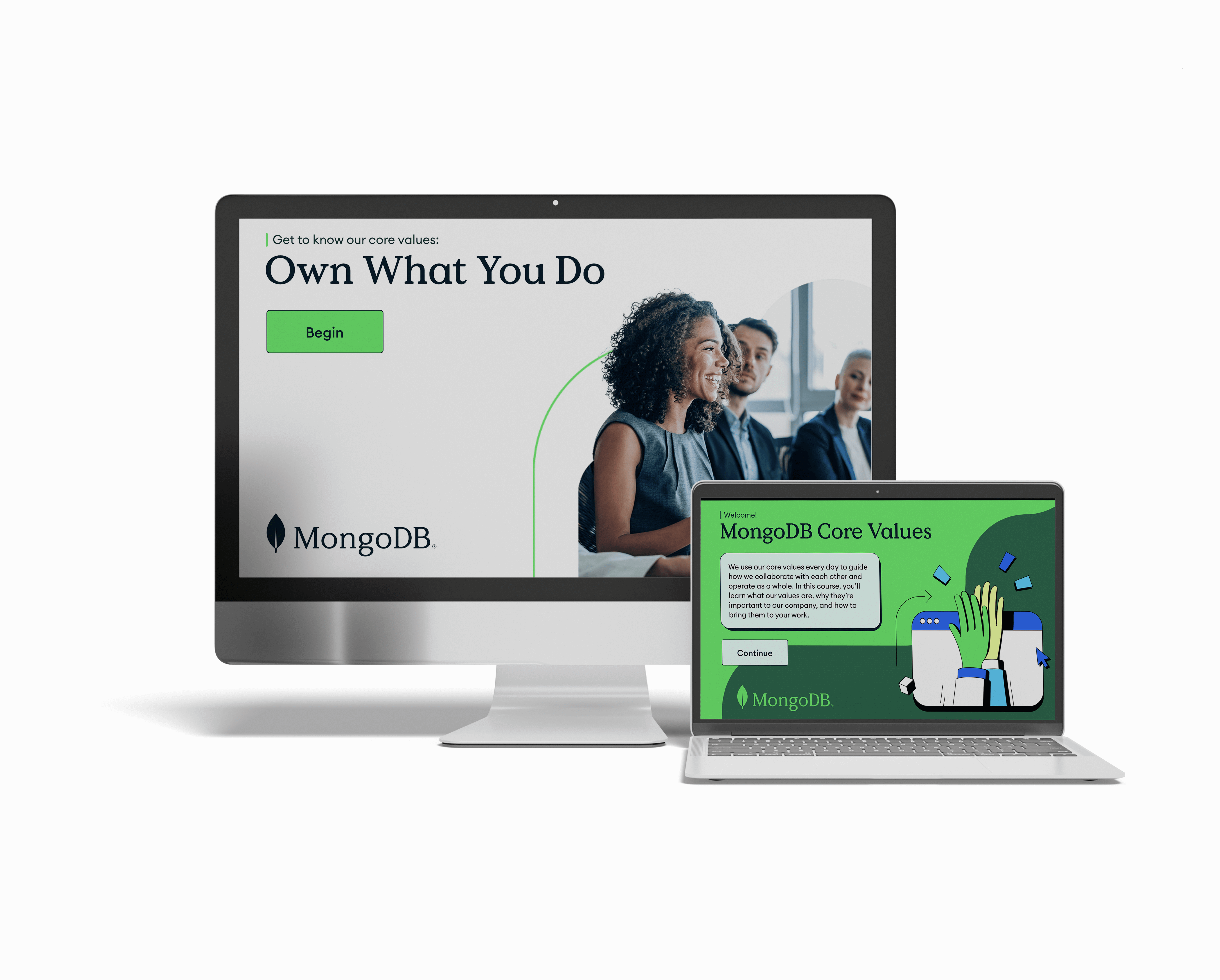 Desktop and laptop screens displaying MongoDB core values training with text and images of people and illustrations.